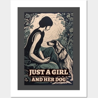 Just a girl and her dog, vintage, retro illustration Posters and Art